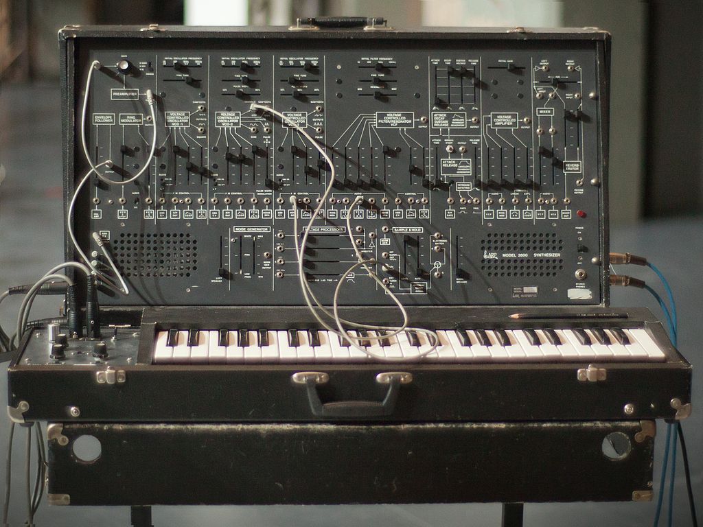 An ARP 2600 analog synthesizer with grey patch cables plugged in. Photo by Esa Kotilainen.