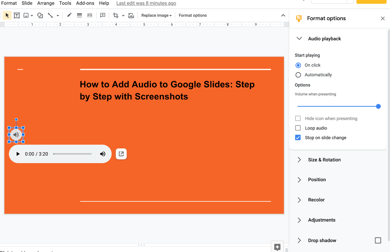 Adjusting audio features in Google Slides