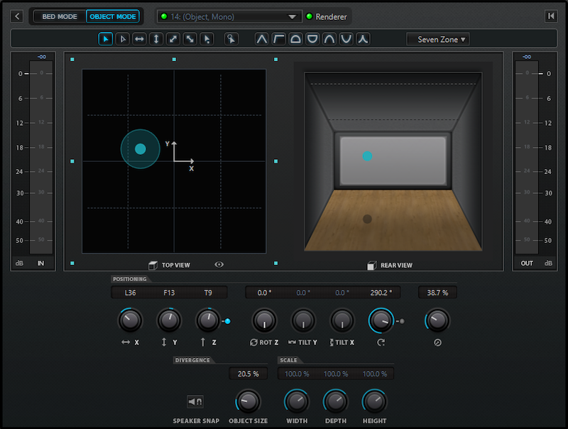 A screenshot of the Dolby Atmos panner in Object mode.