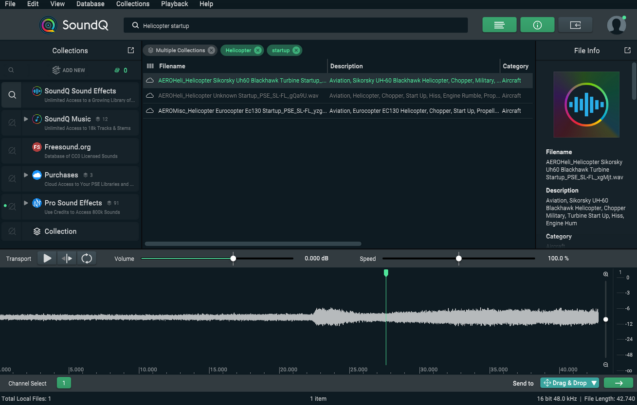 sound dashboard showing one helicopter startup effect