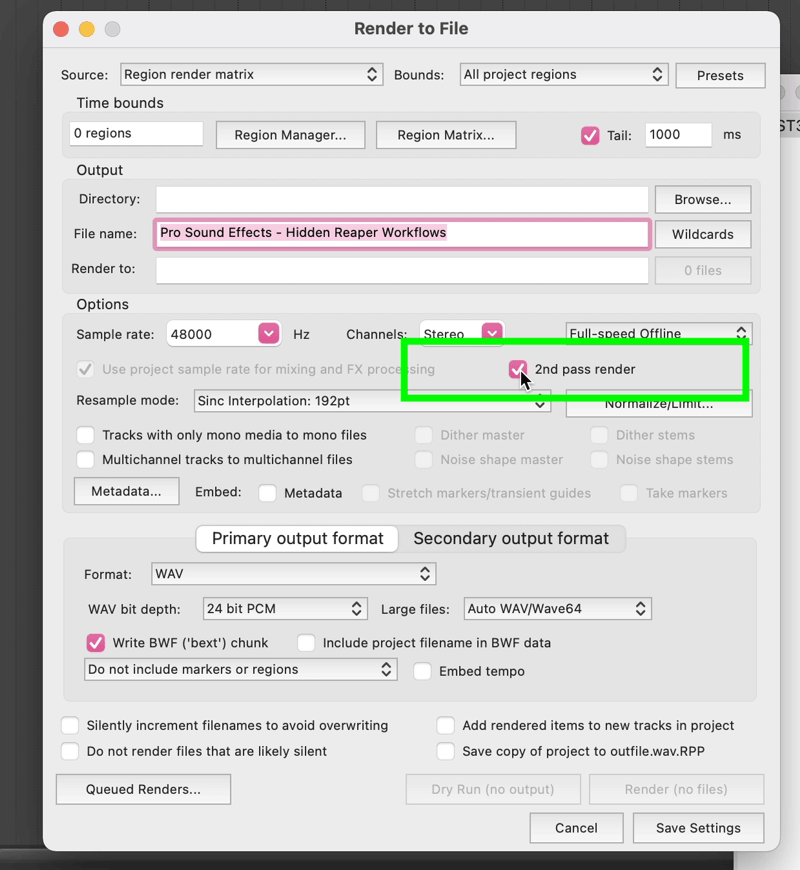 Reaper 'Render to File' Options, check '2nd pass render'