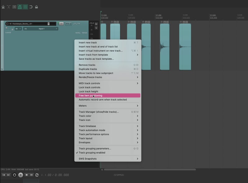 Reaper Track Options, Free Item Positioning