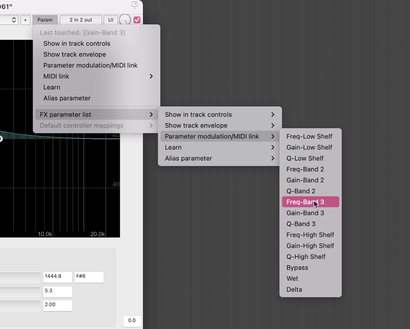 Reaper Parameter Settings, FX Parameter list Options, Parameter modulation, choosing Frequency Band 3