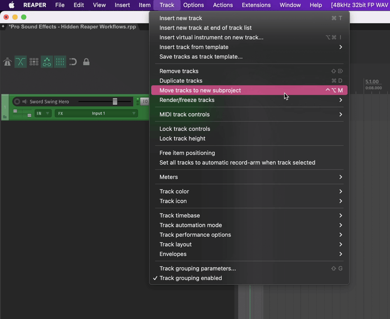 Reaper Track Settings, Move tracks to new subproject