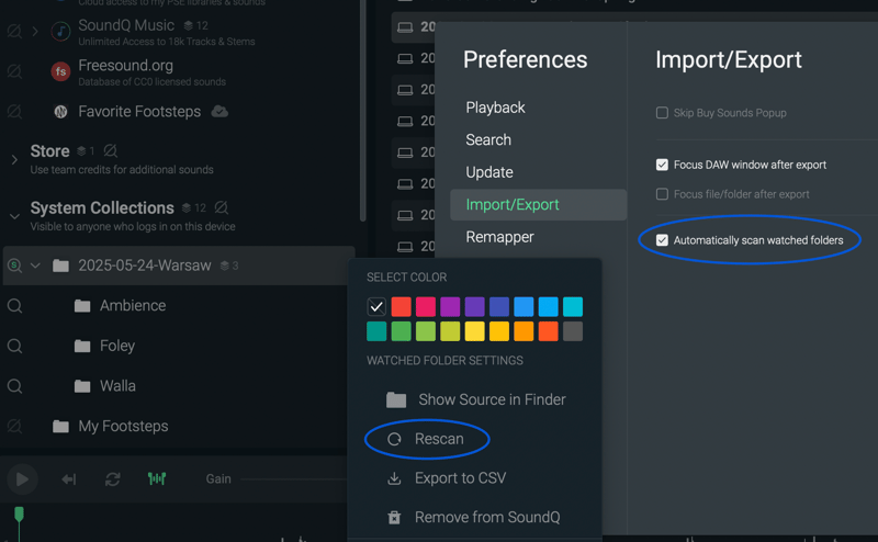 Watched folders preferences and context menu